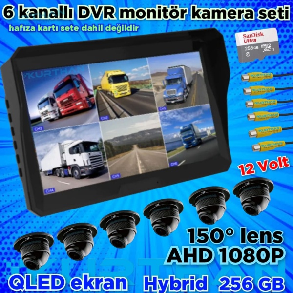 6 KANALLI DVR MONİTÖR VE 6 ADET 1080 P AHD 150'' ULTRA MİNİ KAMERA SETİ  12 V  256 GB