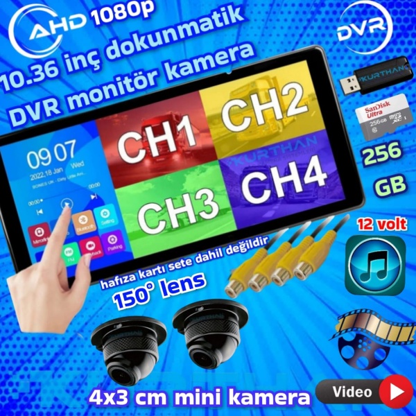 2 ADET 1080P AHD 150'' ULTRA MİNİ METAL KASA KAMERA  10.36'' DOKUNMATİK  DVR EKRAN 12 V