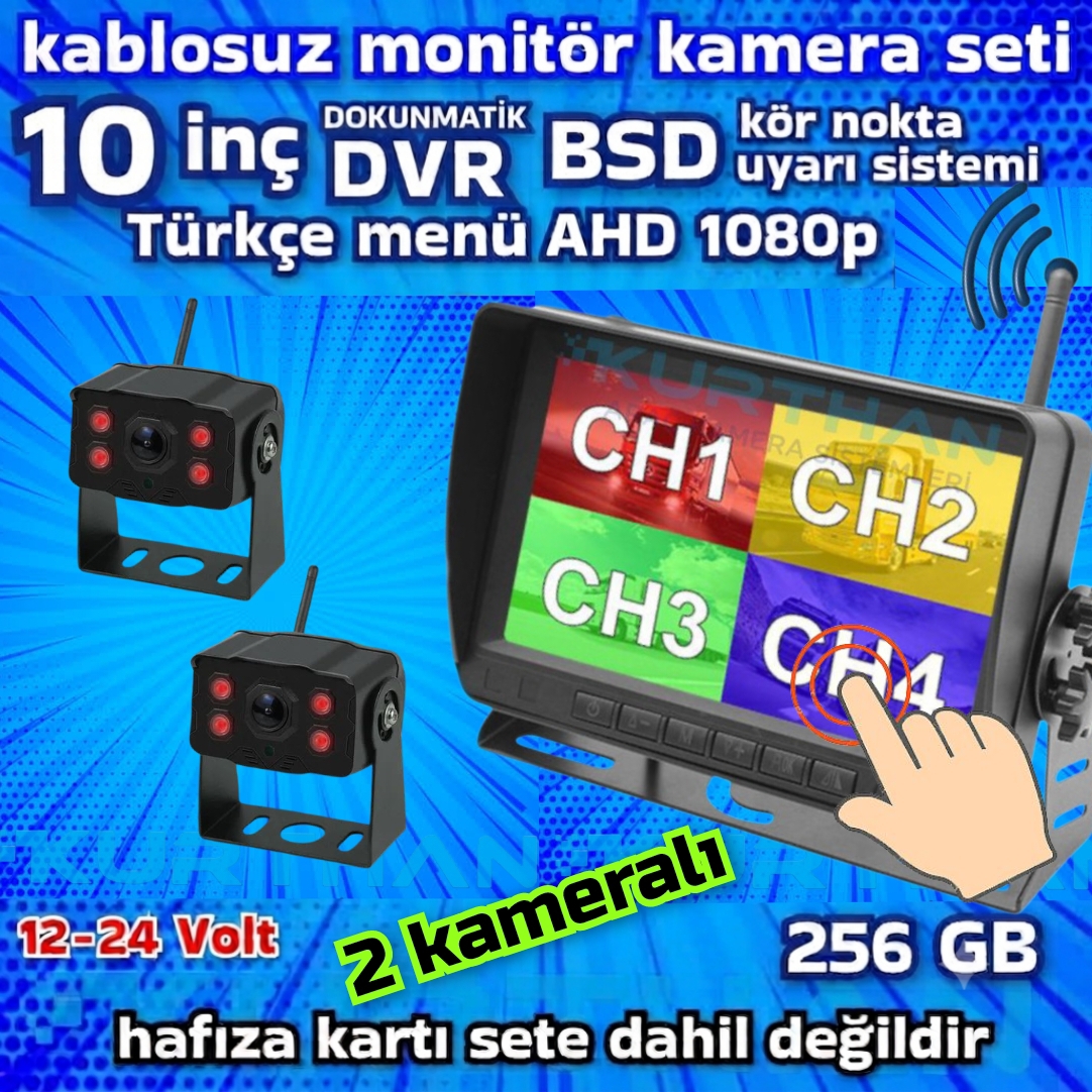 0decdc41-9969-4876-8c66-88b7bc4cf512 10 İNÇ DOKUNMATİK DVR 2 ADET KABLOSUZ KAMERA AHD 1080P MONİTÖR BSD KÖR NOKTA SİSTEMLİ 12 24 V - Görsel 1