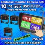 10 İNÇ DVR DOKUNMATİK 3 ADET KABLOSUZ KAMERA AHD 1080P  MONİTÖR BSD KÖR NOKTA SİSTEMLİ 12 24 V