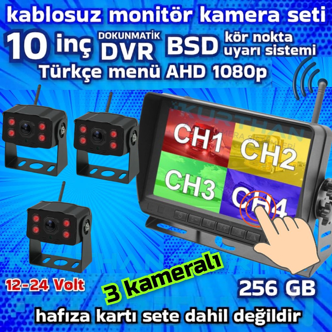 bc42aa9c-2bbf-4896-92d3-591f01ae4ef4 10 İNÇ DVR DOKUNMATİK 3 ADET KABLOSUZ KAMERA AHD 1080P MONİTÖR BSD KÖR NOKTA SİSTEMLİ 12 24 V - Görsel 1